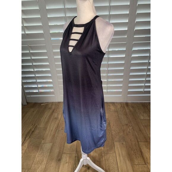 Casual Blue Gray Ombre Slip Dress L Halter Stretch Lounge Pockets - Picture 3 of 11